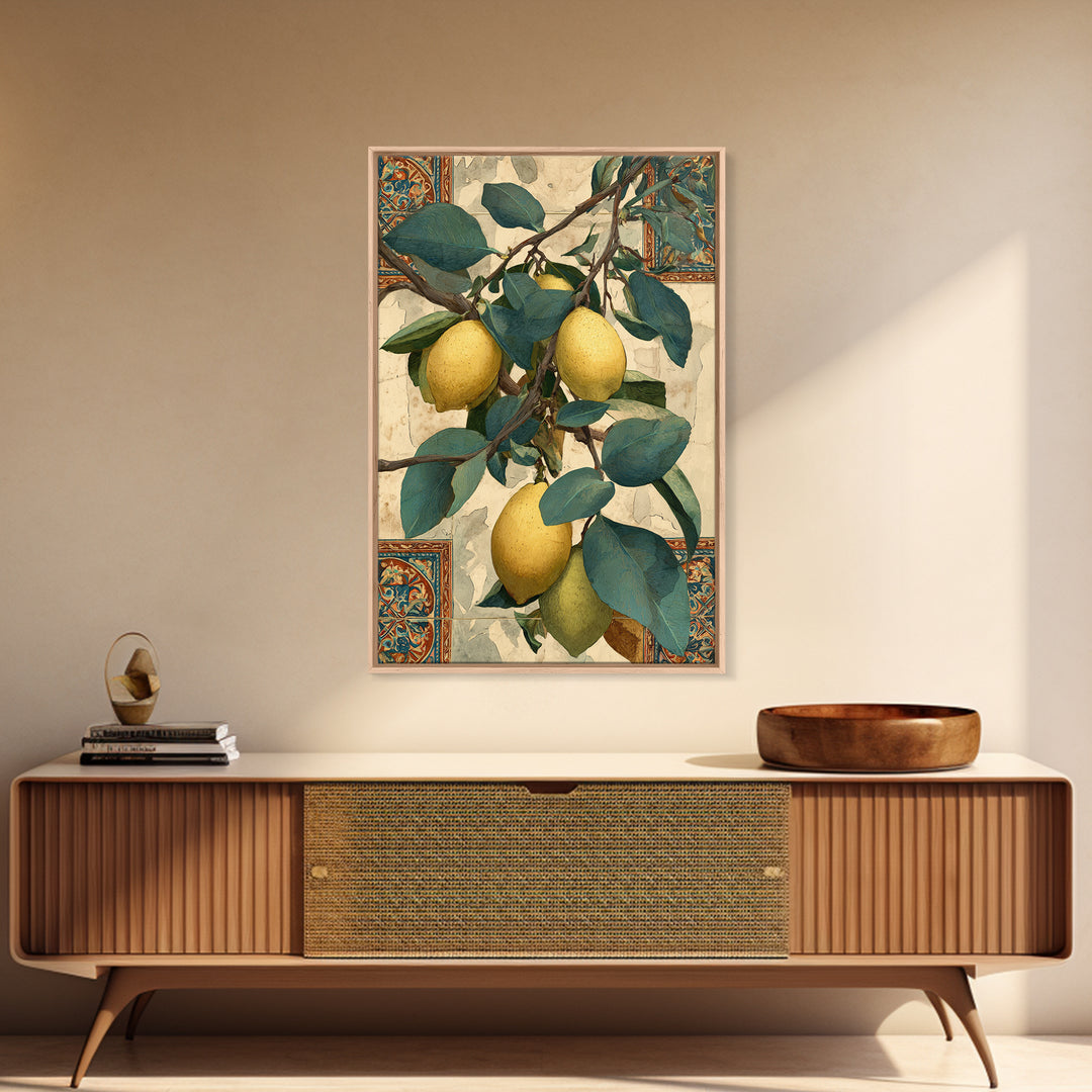 Sicilian Lemon Branch on Ivory Background Canvas Print, Mediterranean Art, Living Room Decor, Oil Painting, Azure, MAR-2x3-45