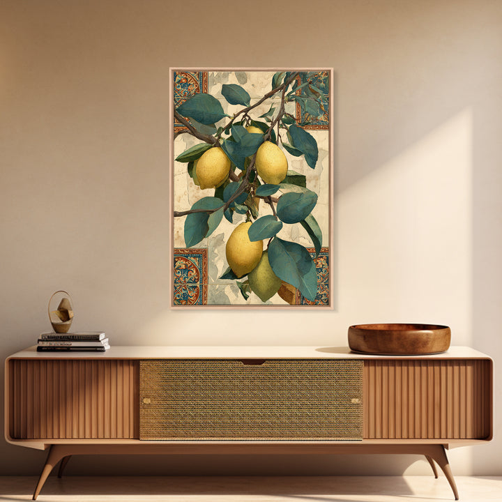 Sicilian Lemon Branch on Ivory Background Canvas Print, Mediterranean Art, Living Room Decor, Oil Painting, Azure, MAR-2x3-45