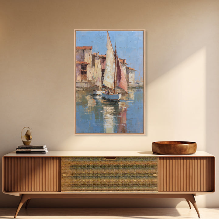 Mediterranean Sailboat on Glassy Water Canvas Print, Mediterranean Art, Boho Decor, Living Room Decor, Fine Art, Azure, MAR-2x3-50
