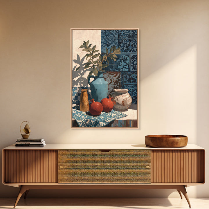 Pomegranate Still Life Framed Canvas Print, Mediterranean Art, Living Room Art, Living Room Decor, Oil Painting, Azure, MAR-2x3-51