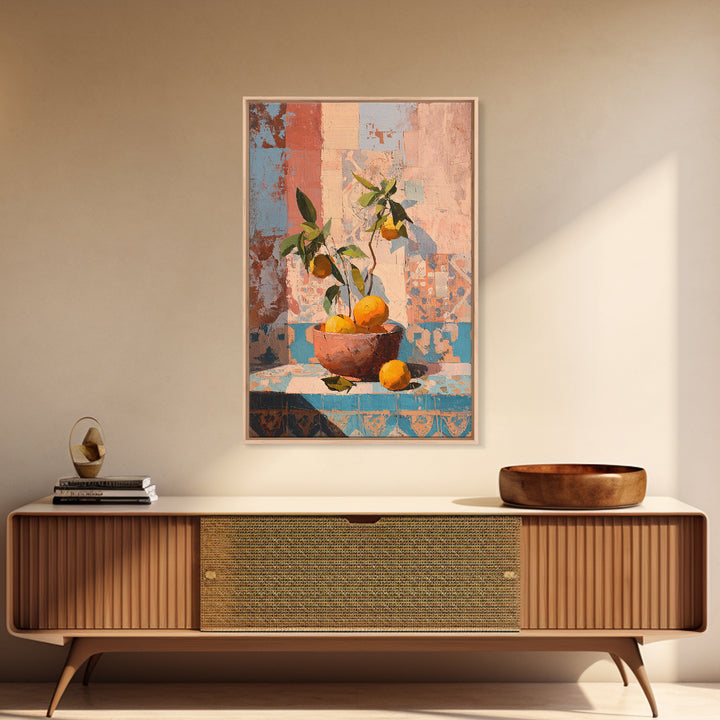 Ceramic Bowl of Oranges and Leaves Framed Canvas Print, Mediterranean Art, Living Room Decor, Oil Painting, Azure, MAR-2x3-53