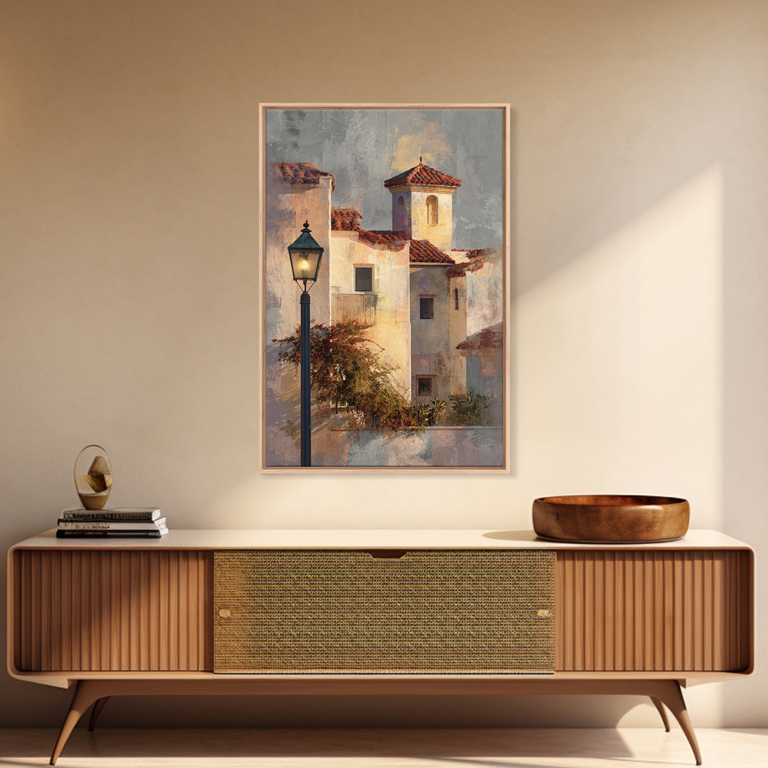 Sunset over Red Tiled Rooftops Framed Canvas Print, Mediterranean Art, Travel Poster, Living Room Decor, Fine Art, Azure, MAR-2x3-55
