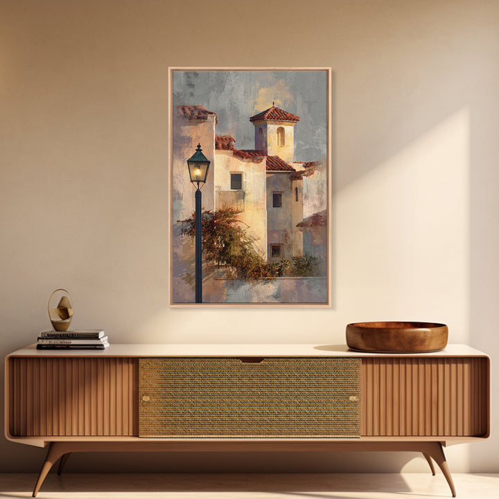 Sunset over Red Tiled Rooftops Framed Canvas Print, Mediterranean Art, Travel Poster, Living Room Decor, Fine Art, Azure, MAR-2x3-55