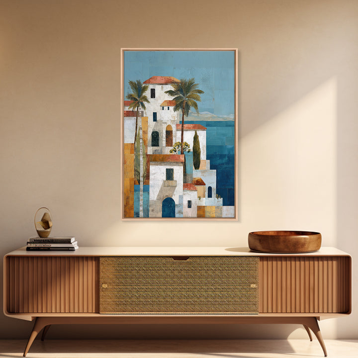 Greek Island White Buildings Above Blue Sea Canvas Print, Mediterranean Art, Framed Wall Art, Living Room Decor, Oil Painting, MAR-2x3-57
