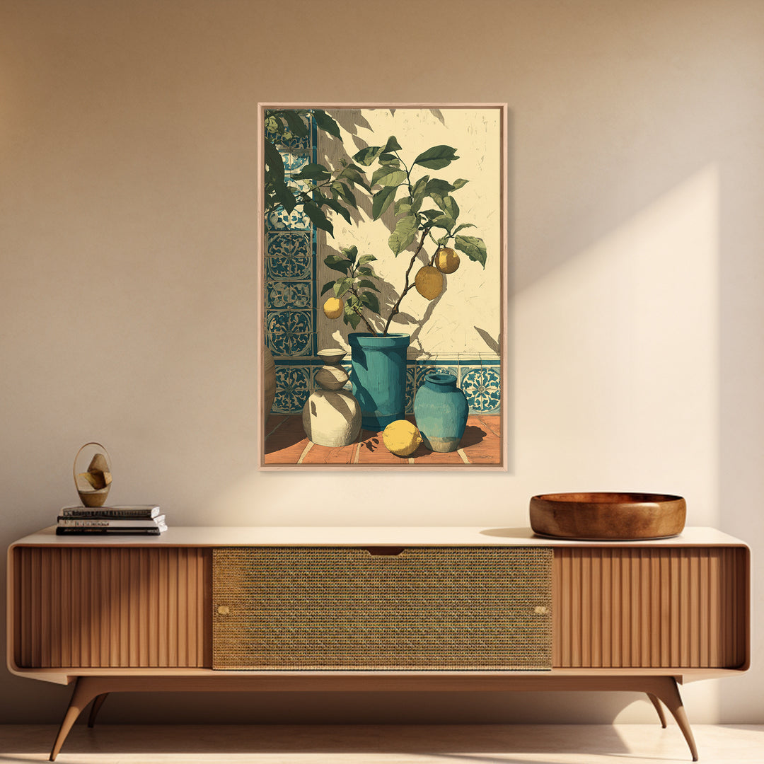 Olive Branch and Lemons on Terracotta Ground Canvas Print, Mediterranean Art, Contemporary Art, Living Room Decor, Azure, MAR-2x3-58