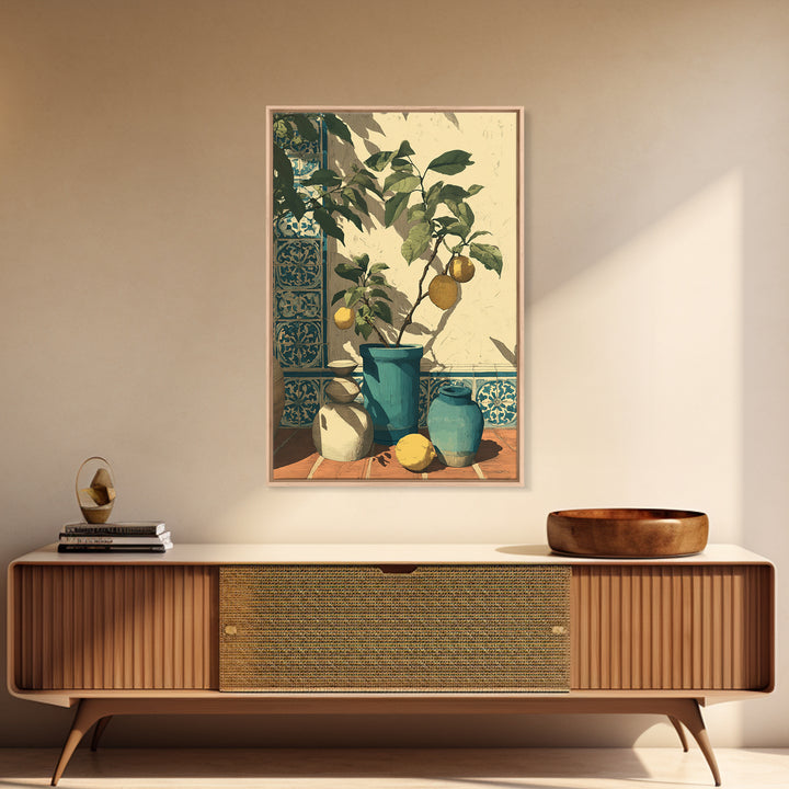 Olive Branch and Lemons on Terracotta Ground Canvas Print, Mediterranean Art, Contemporary Art, Living Room Decor, Azure, MAR-2x3-58