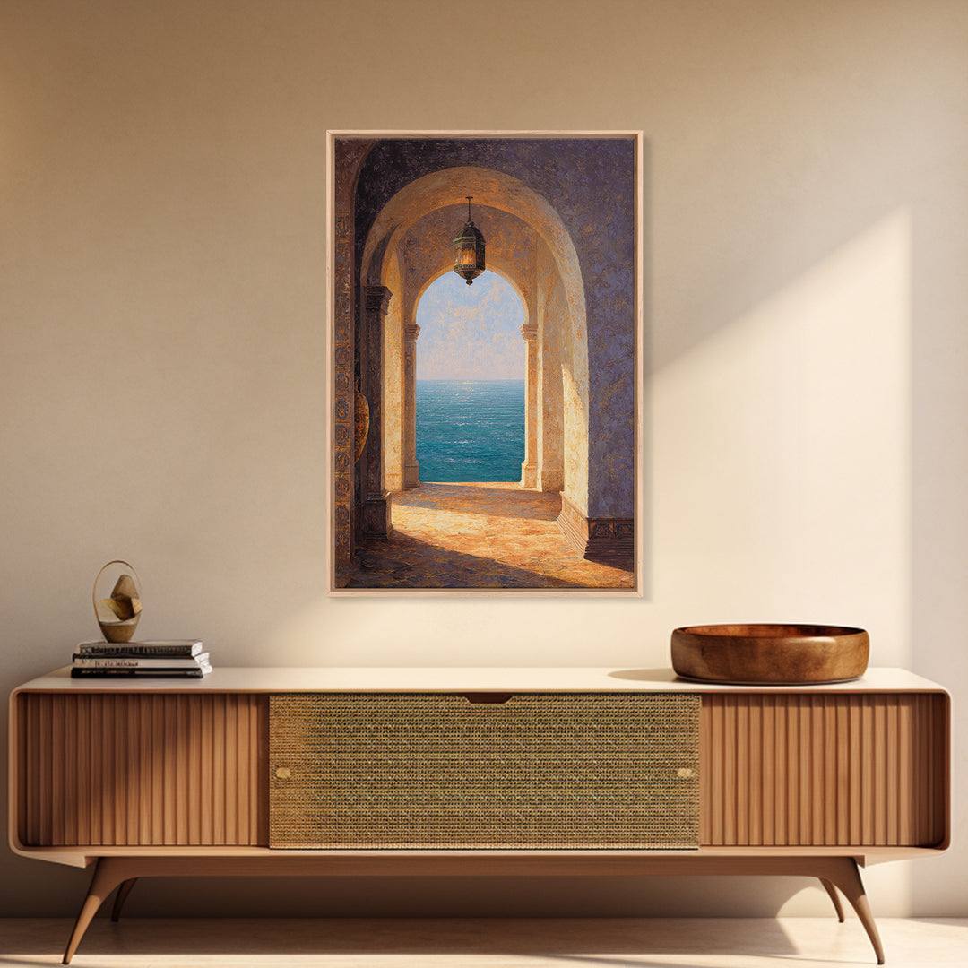 Mediterranean Arch Framing Ocean Horizon Framed Canvas Print, Mediterranean Art, Boho Decor, Living Room Decor, Fine Art, Azure, MAR-2x3-59