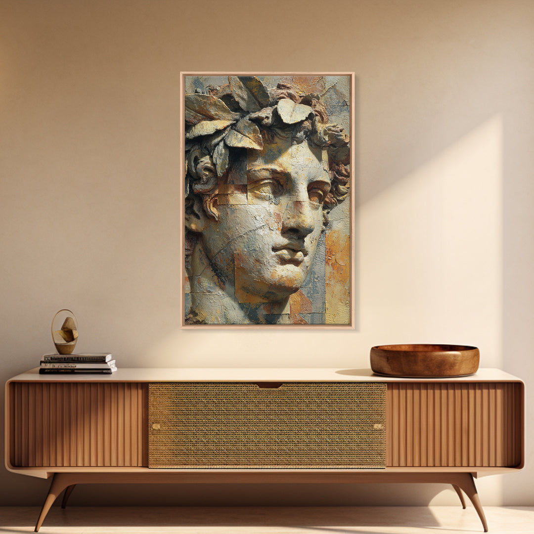 Roman Statue Bust Framed Canvas Print, Mediterranean Art, Wall Decor, Living Room Decor, Fine Art, Azure, Contemporary Art, MAR-2x3-6