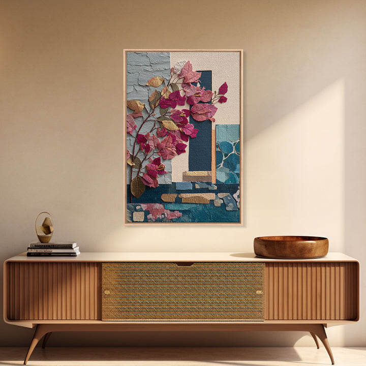 Bougainvillea Cascading over Stone Wall Canvas Print, Mediterranean Art, Printable Wall Art, Living Room Decor, Fine Art, Azure, MAR-2x3-61