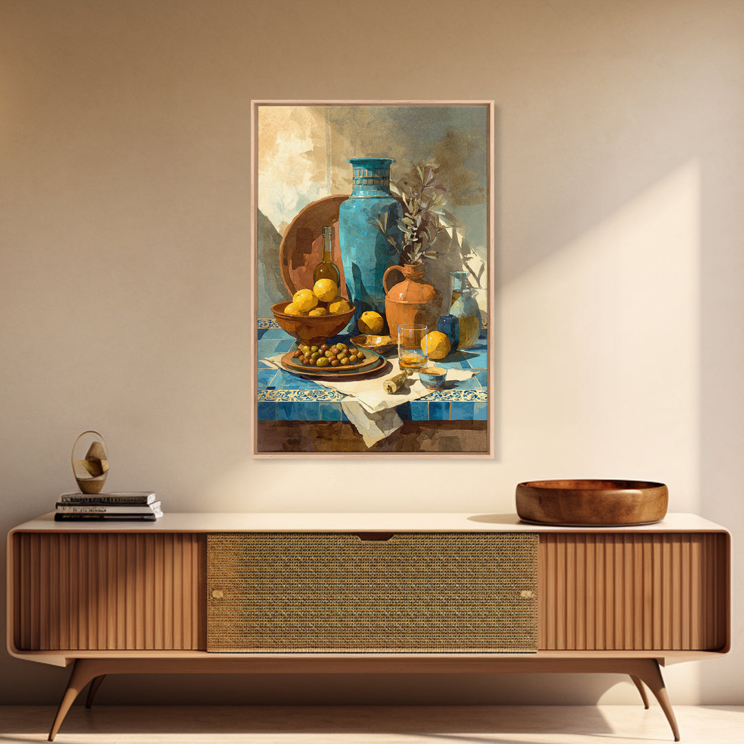 Figs Olives and Cheese Still Life Framed Canvas Print, Mediterranean Art, Gallery Decor, Living Room Decor, Fine Art, Azure, MAR-2x3-64