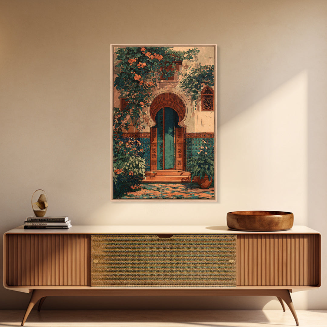 Sunlit Courtyard Doorway Canvas Print, Mediterranean Art, Luxury Decor, Living Room Decor, Fine Art, Azure, Framed Wall Art, MAR-2x3-67