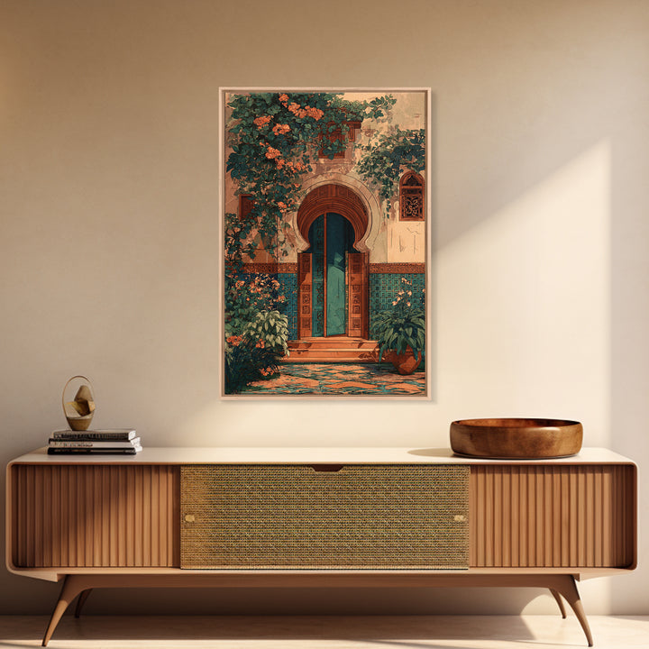 Sunlit Courtyard Doorway Canvas Print, Mediterranean Art, Luxury Decor, Living Room Decor, Fine Art, Azure, Framed Wall Art, MAR-2x3-67