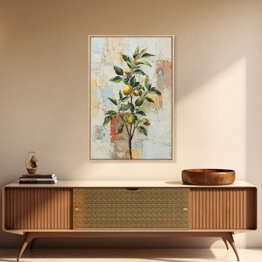 Sicilian Lemon Branch on Ivory Background Framed Canvas Print, Mediterranean Art, Oil Painting, Living Room Decor, MAR-2x3-69