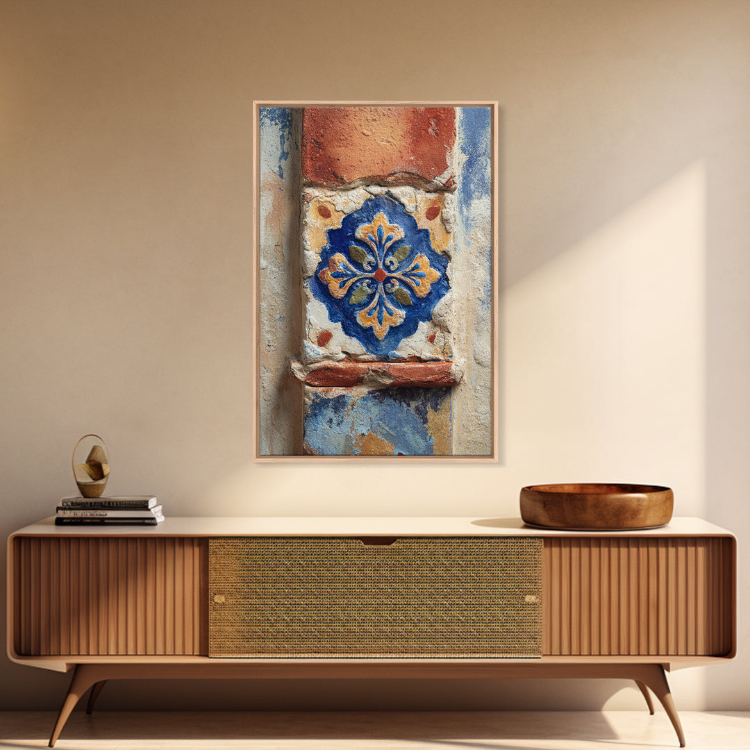 Spanish Tile Ornament Canvas Print, Mediterranean Art, Neutral Decor, Living Room Decor, Oil Painting, Azure, Home Decor, MAR-2x3-72
