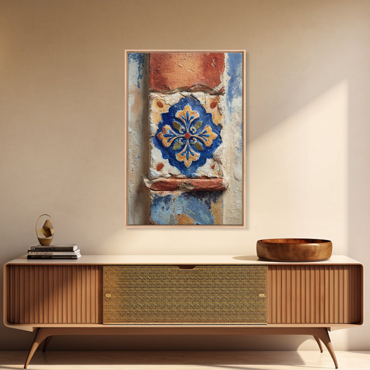 Spanish Tile Ornament Canvas Print, Mediterranean Art, Neutral Decor, Living Room Decor, Oil Painting, Azure, Home Decor, MAR-2x3-72