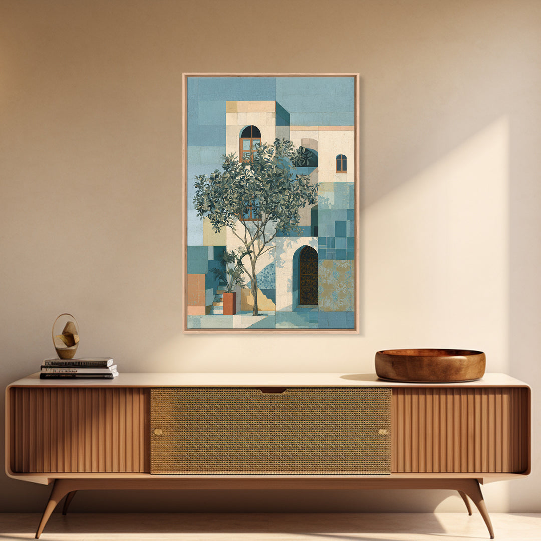 Olive Grove under Pale Morning Light Framed Canvas Print, Mediterranean Art, Digital Wall Art, Living Room Decor, Azure, MAR-2x3-73