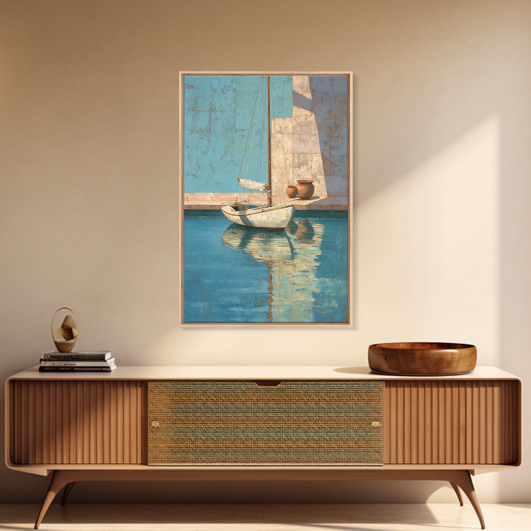 Mediterranean Sailboat on Glassy Water Canvas Print, Mediterranean Art, Living Room Decor, Azure, Digital Art Prints, MAR-2x3-74