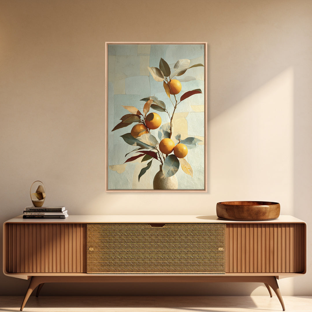 Ceramic Bowl of Oranges and Leaves Canvas Print, Mediterranean Art, Large Wall Art, Living Room Decor, Fine Art, Azure, MAR-2x3-77