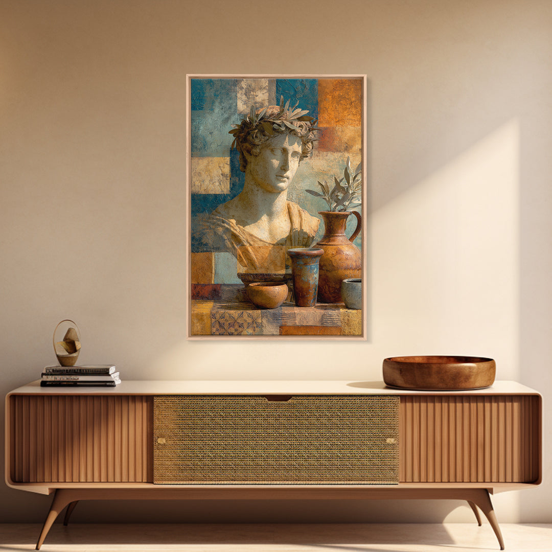 Roman Statue Bust Framed Canvas Print, Mediterranean Art, Minimalist Decor, Living Room Decor, Azure, Horizontal Wall Art, MAR-2x3-78