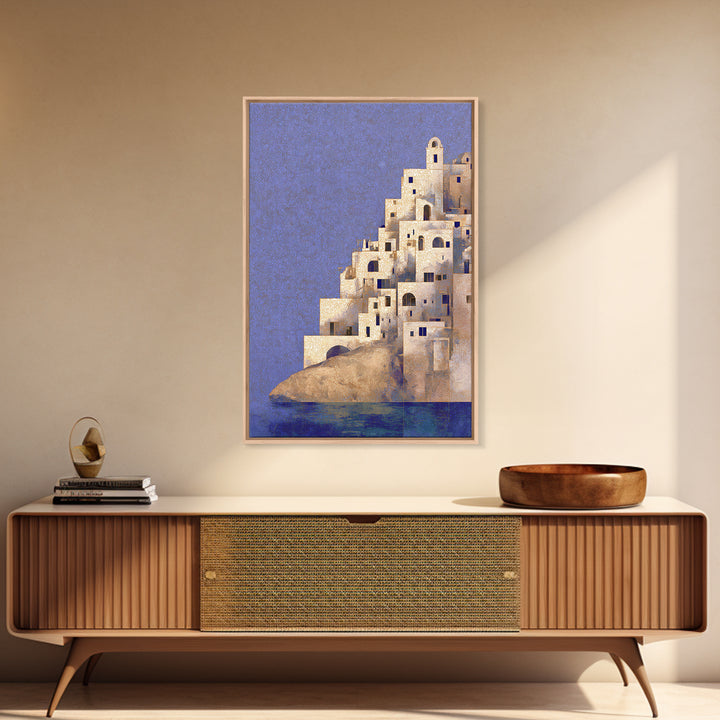 Greek Island White Buildings Above Blue Sea Canvas Print, Mediterranean Art, Framed Wall Art, Living Room Decor, Oil Painting, MAR-2x3-81