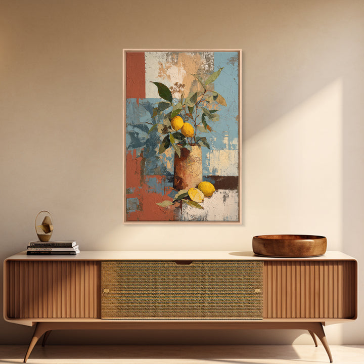 Olive Branch and Lemons on Terracotta Ground Canvas Print, Mediterranean Art, Contemporary Art, Living Room Decor, Azure, MAR-2x3-82