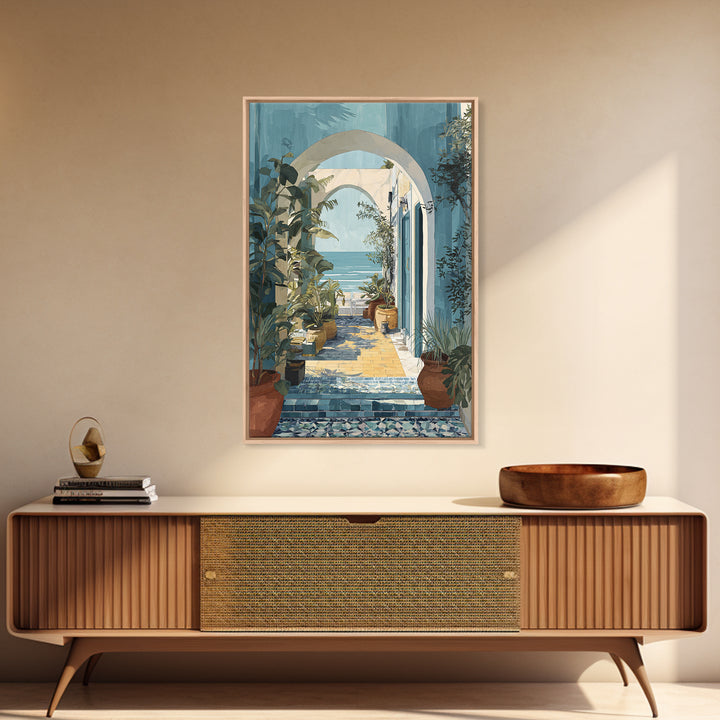 Mediterranean Arch Framing Ocean Horizon Framed Canvas Print, Mediterranean Art, Oil Painting, Living Room Decor, Azure, MAR-2x3-83