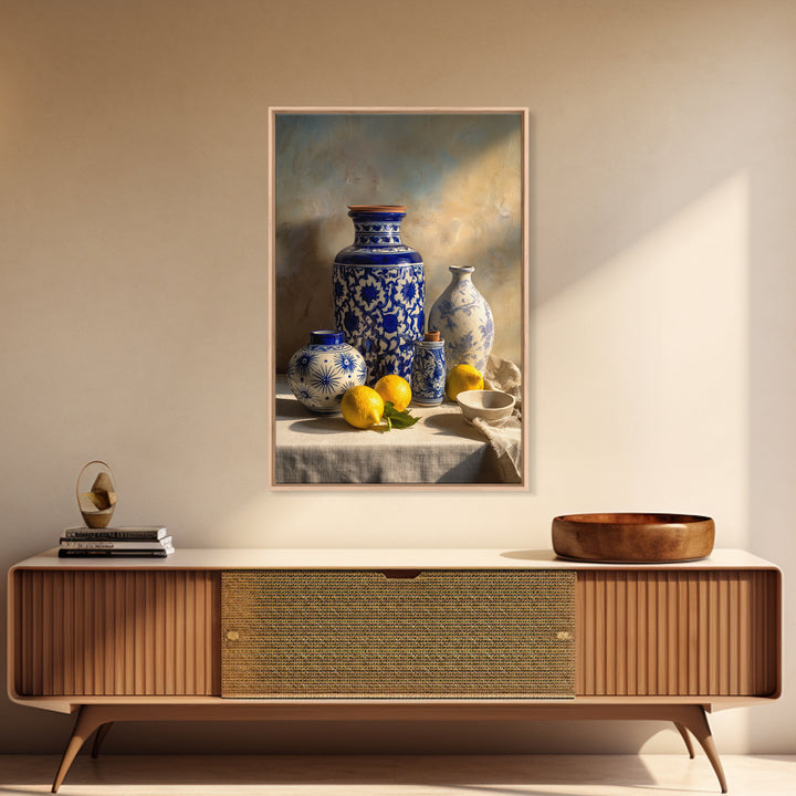 Blue and White Tile Pattern Framed Canvas Print, Mediterranean Art, Modern Wall Art, Living Room Decor, Fine Art, Azure, MAR-2x3-84