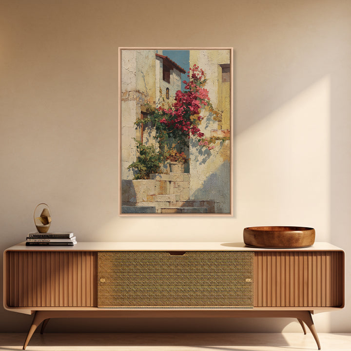 Bougainvillea Cascading over Stone Wall Framed Canvas Print, Mediterranean Art, Digital Print, Living Room Decor, Azure, MAR-2x3-85