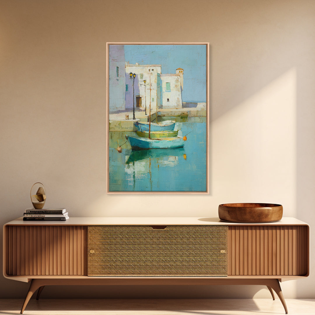 Coastal Fishing Boats Framed Canvas Print, Mediterranean Art, Digital Wall Art, Living Room Decor, Azure, Coastal Wall Art, MAR-2x3-87