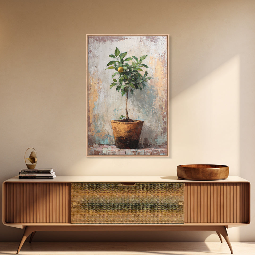 Citrus Tree in Clay Pot Framed Canvas Print, Mediterranean Art, Printable Wall Art, Living Room Decor, Fine Art, Azure, MAR-2x3-90