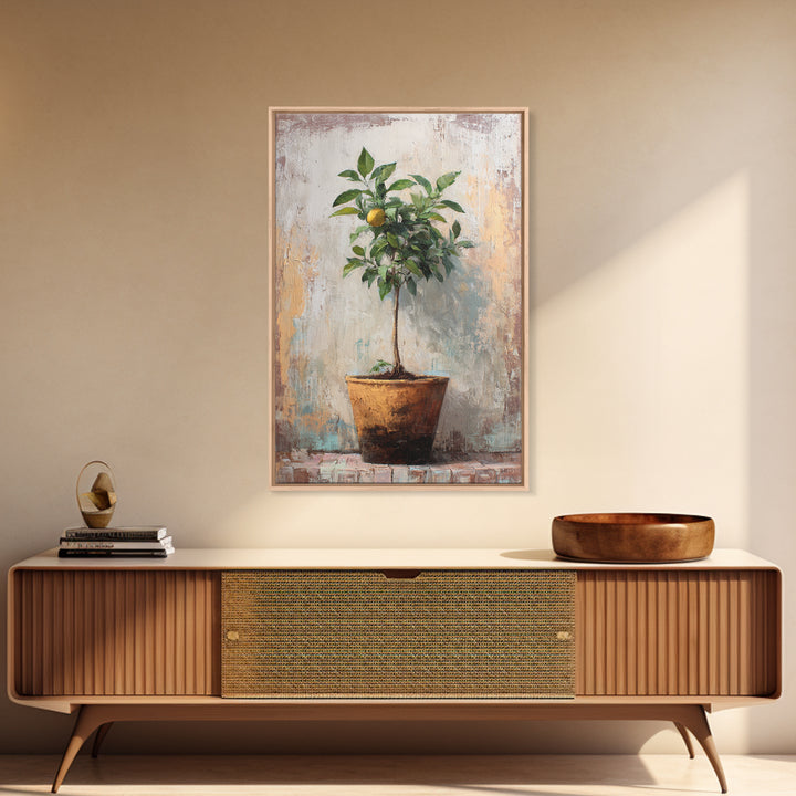 Citrus Tree in Clay Pot Framed Canvas Print, Mediterranean Art, Printable Wall Art, Living Room Decor, Fine Art, Azure, MAR-2x3-90