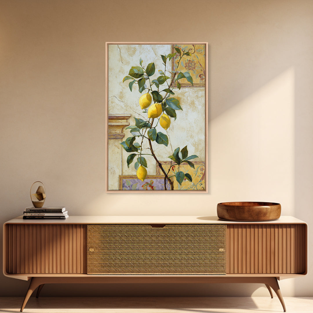 Sicilian Lemon Branch on Ivory Background Framed Canvas Print, Mediterranean Art, Oil Painting, Living Room Decor, MAR-2x3-93