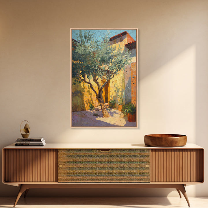 Olive Grove under Pale Morning Light Framed Canvas Print, Mediterranean Art, Digital Wall Art, Living Room Decor, Azure, MAR-2x3-97