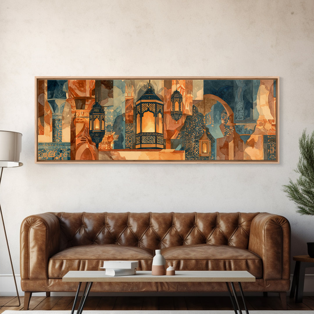 Moroccan Influenced Lantern Framed Canvas Print, Mediterranean Art, Digital Print, Living Room Decor, Fine Art, Azure, MAR-3x1-1