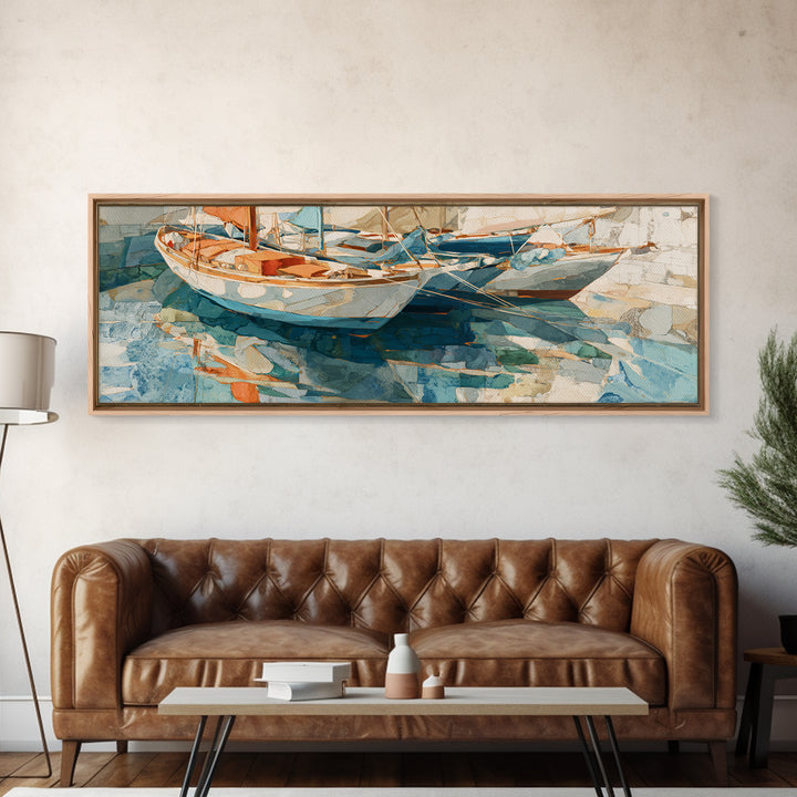 Mediterranean Sailboat on Glassy Water Framed Canvas Print, Mediterranean Art, Textured Painting, Living Room Decor, Azure, MAR-3x1-10