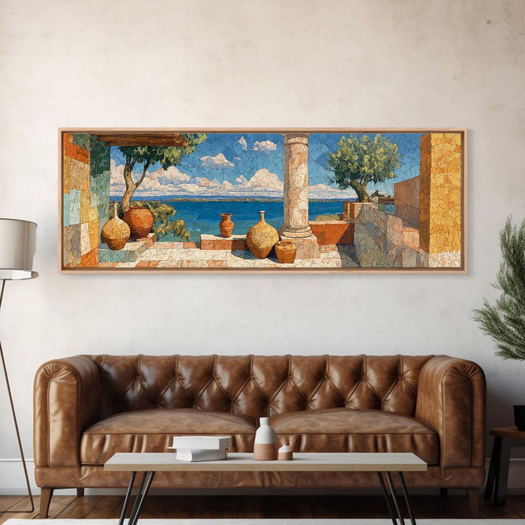 Ancient Column with Sea and Sky Beyond Canvas Print, Mediterranean Art, Landscape Wall Art, Living Room Decor, Abstract Art, MAR-3x1-100