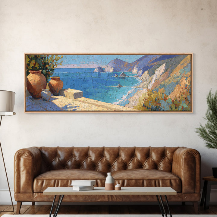 Coastal Cliffs with Sparkling Blue Water Framed Canvas Print, Mediterranean Art, Coastal Art, Living Room Decor, Azure, MAR-3x1-12