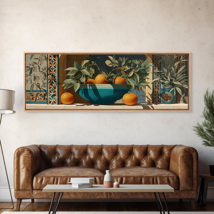 Ceramic Bowl of Oranges and Leaves Canvas Print, Mediterranean Art, Digital Wall Art, Living Room Decor, Fine Art, Azure, MAR-3x1-13