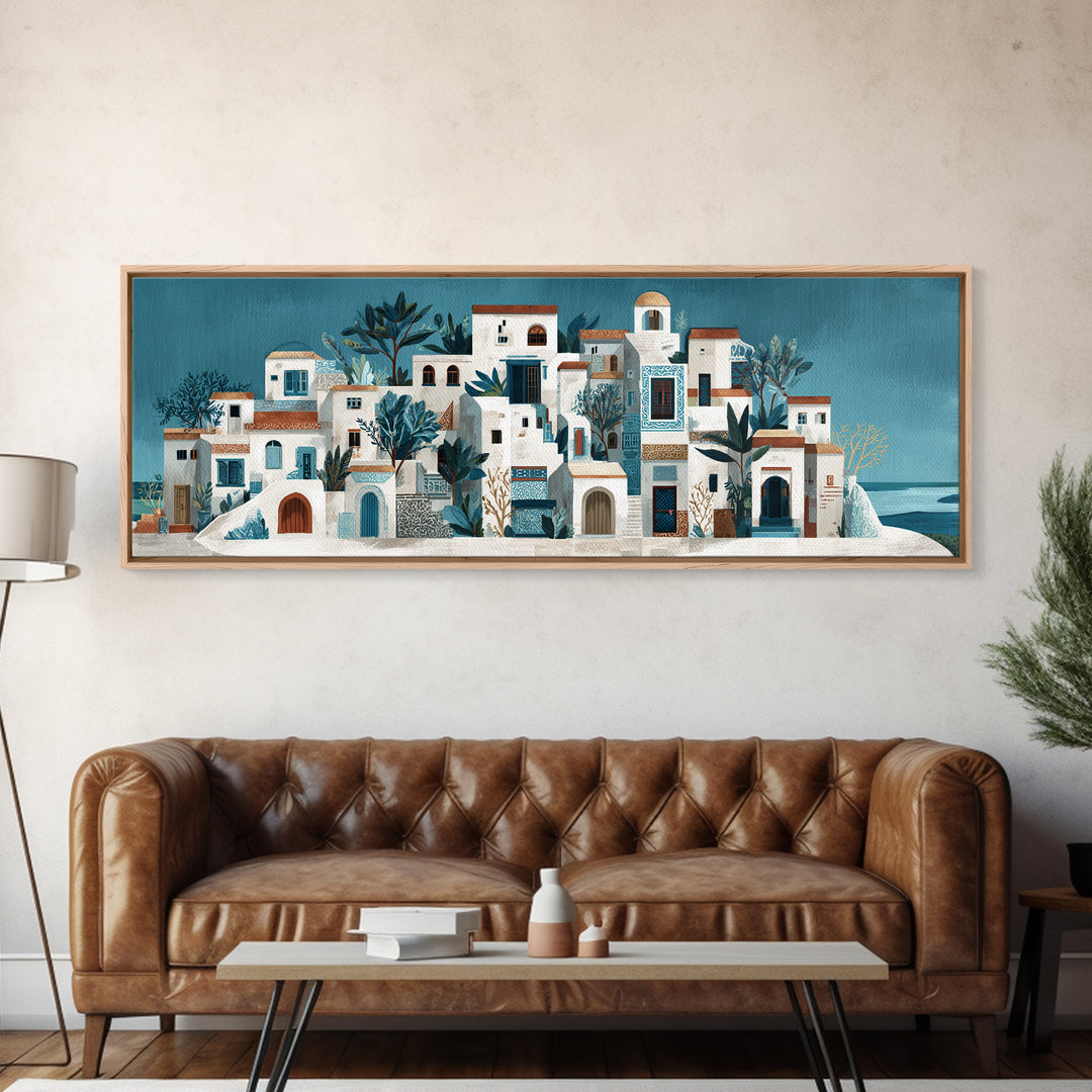Greek Island White Buildings Above Blue Sea Canvas Print, Mediterranean Art, Horizontal Wall Art, Living Room Decor, Azure, MAR-3x1-17