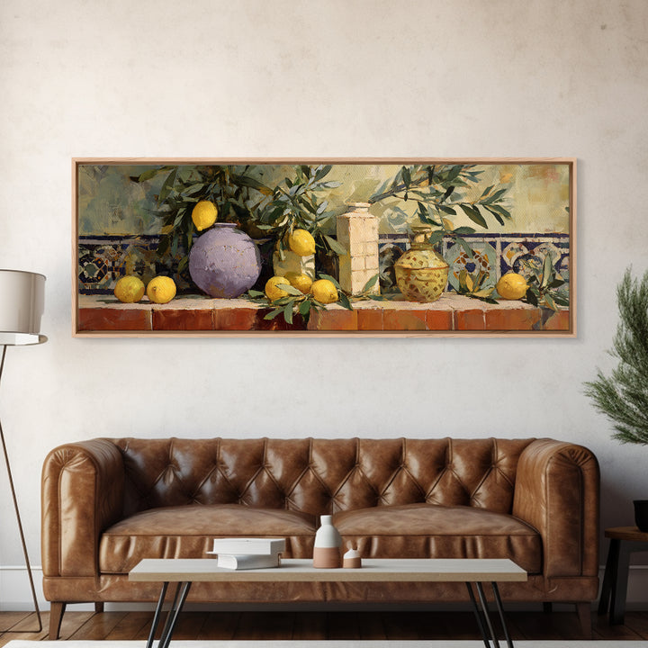 Olive Branch and Lemons on Terracotta Ground Canvas Print, Mediterranean Art, Digital Wall Art, Living Room Decor, Azure, MAR-3x1-18