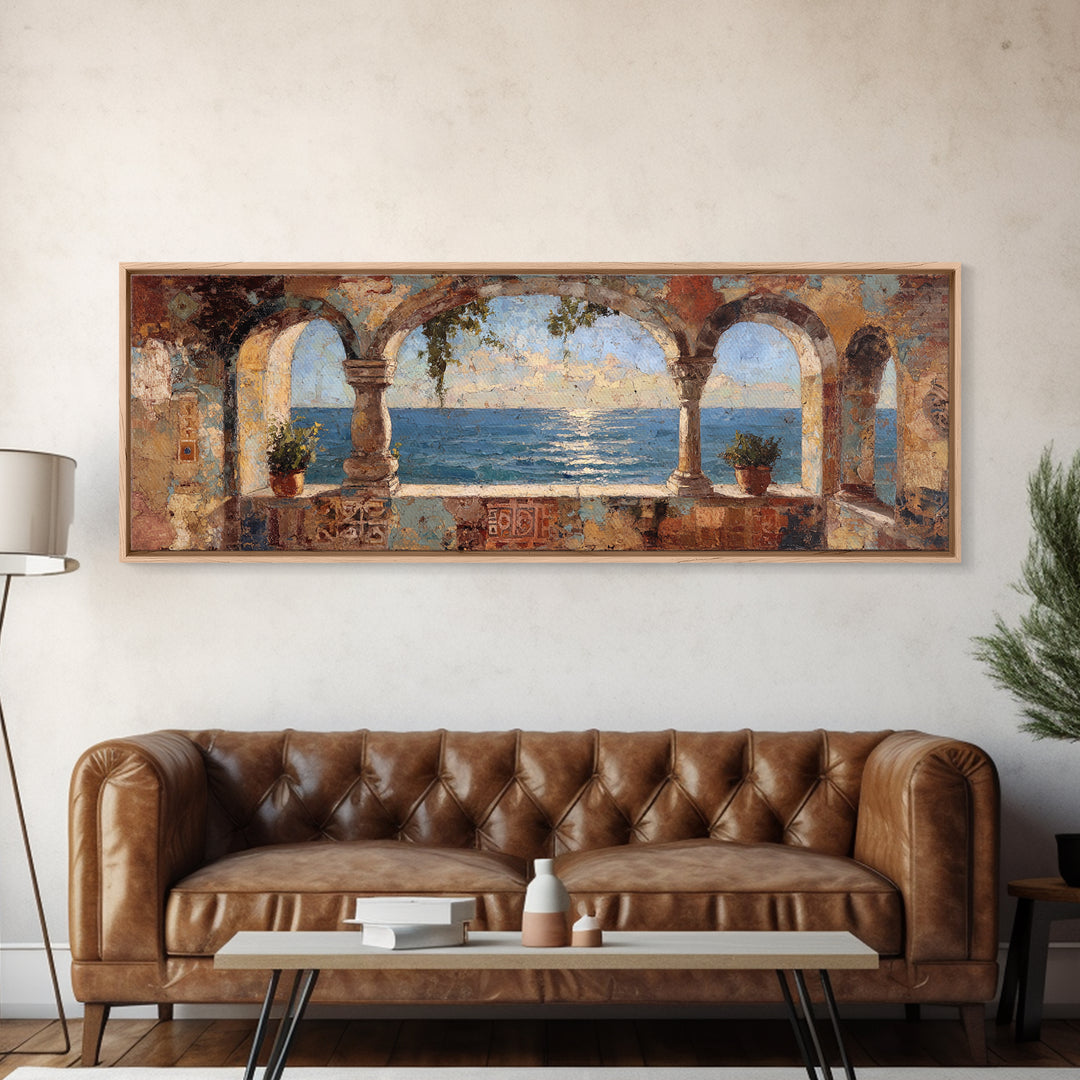 Mediterranean Arch Framing Ocean Horizon Canvas Print, Mediterranean Art, Wall Decor, Living Room Decor, Fine Art, Azure, MAR-3x1-19