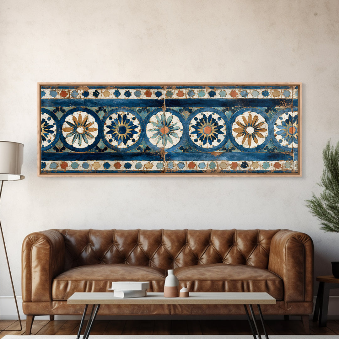 Blue and White Tile Pattern Canvas Print, Mediterranean Art, Landscape Wall Art, Living Room Decor, Azure, Luxury Decor, MAR-3x1-20