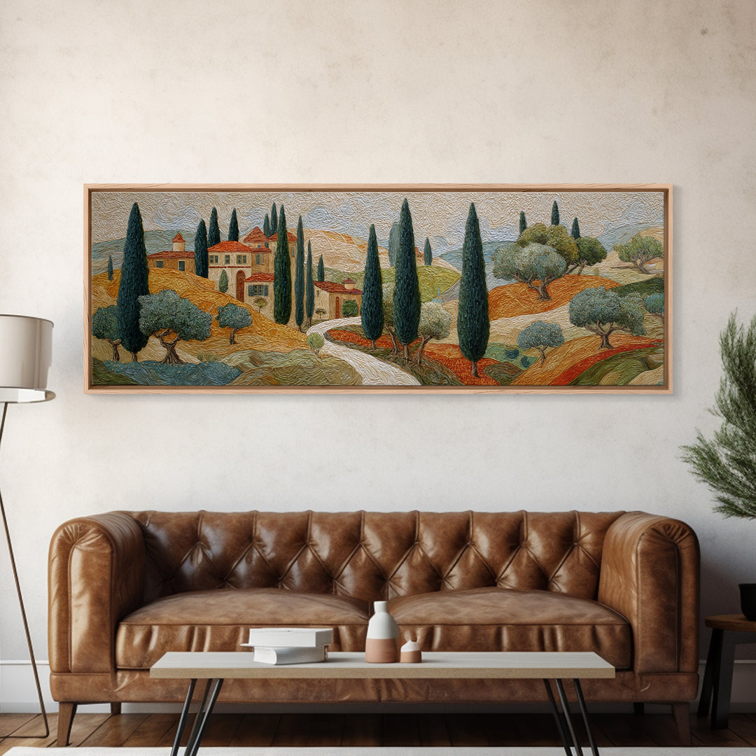 Tuscan Cypress Trees and Golden Hillside Canvas Print, Mediterranean Art, Neutral Decor, Living Room Decor, Abstract Art, Azure, MAR-3x1-22