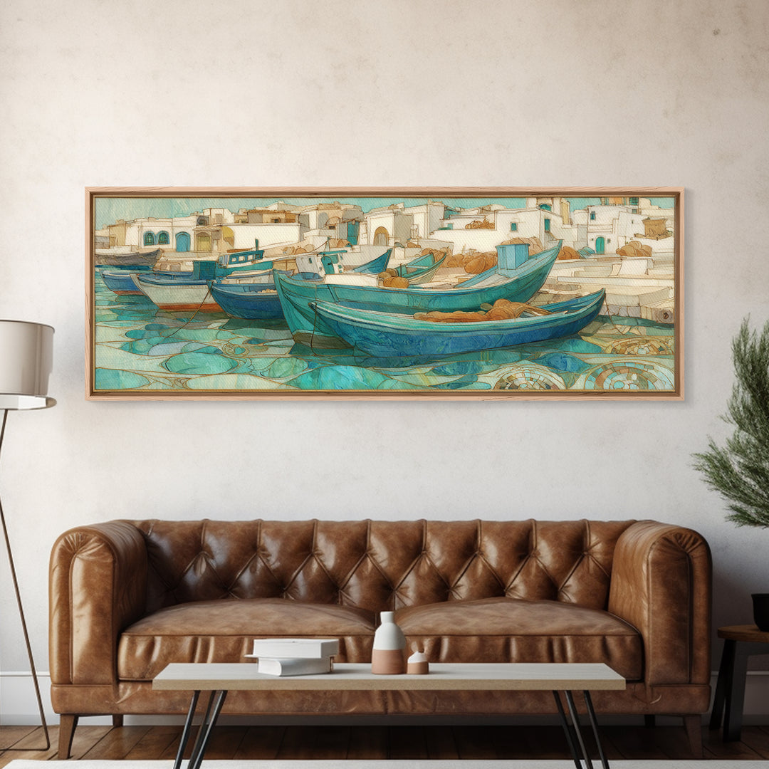 Coastal Fishing Boats Framed Canvas Print, Mediterranean Art, Neutral Decor, Living Room Decor, Fine Art, Azure, Home Decor, MAR-3x1-23