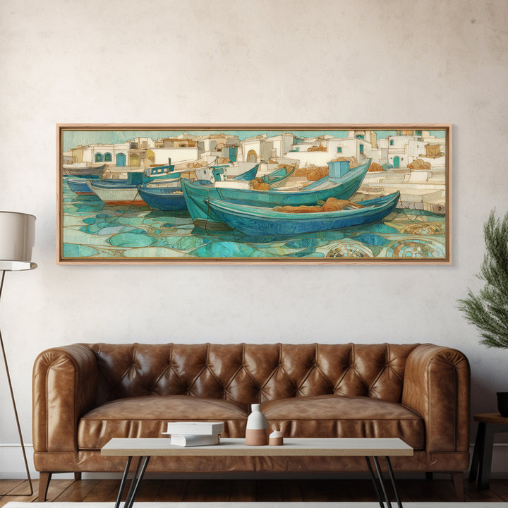 Coastal Fishing Boats Framed Canvas Print, Mediterranean Art, Neutral Decor, Living Room Decor, Fine Art, Azure, Home Decor, MAR-3x1-23