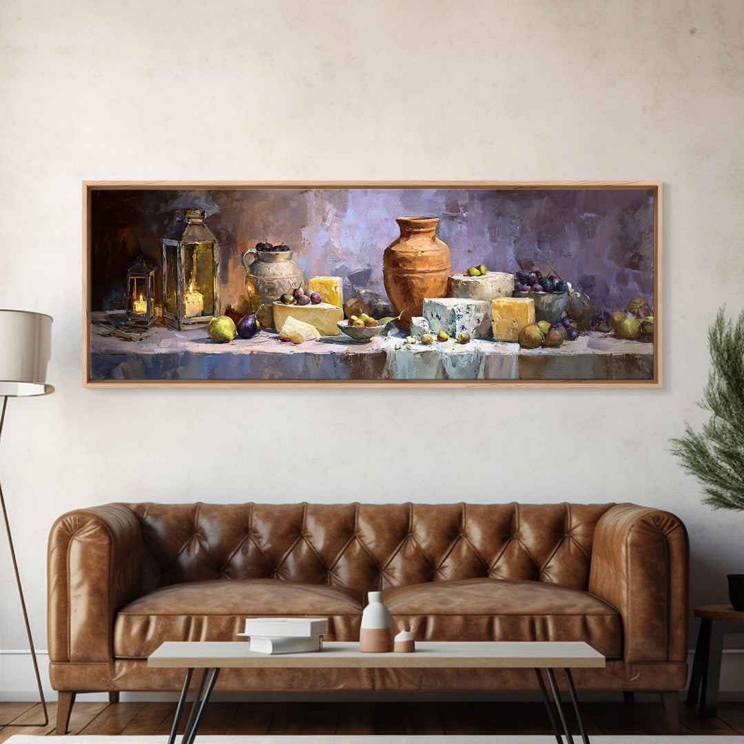 Figs Olives and Cheese Still Life Canvas Print, Mediterranean Art, Downloadable Art, Living Room Decor, Fine Art, Azure, MAR-3x1-24
