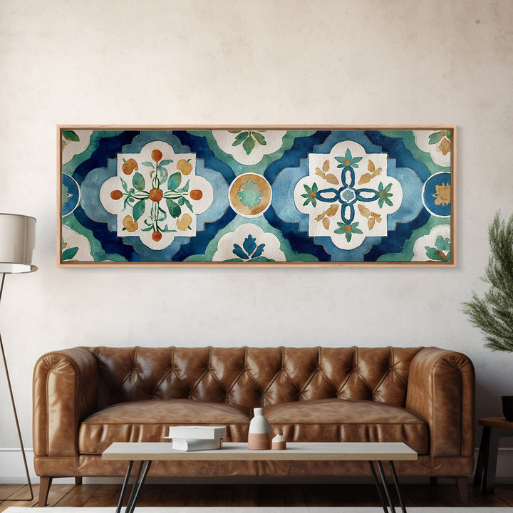 Citrus Tree in Clay Pot Canvas Print, Mediterranean Art, Framed Wall Art, Living Room Decor, Watercolor Art, Azure, MAR-3x1-26