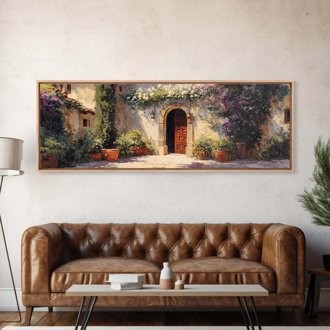 Sunlit Courtyard Doorway Framed Canvas Print, Mediterranean Art, Modern Decor, Living Room Decor, Fine Art, Azure, MAR-3x1-27
