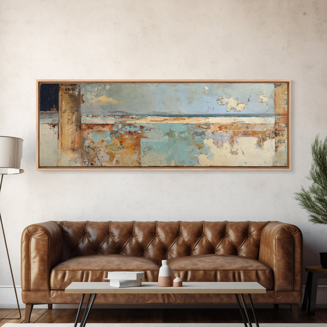 Ancient Column with Sea and Sky Beyond Framed Canvas Print, Mediterranean Art, Beach Prints, Living Room Decor, Oil Painting, MAR-3x1-28