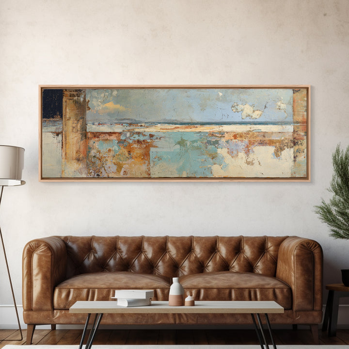 Ancient Column with Sea and Sky Beyond Framed Canvas Print, Mediterranean Art, Beach Prints, Living Room Decor, Oil Painting, MAR-3x1-28